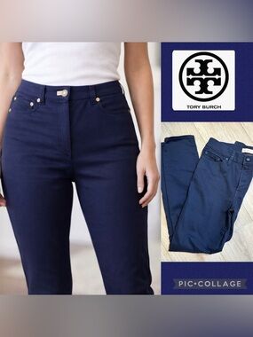 Tory Burch Navy High-Rise Slim Jeans *black button *
